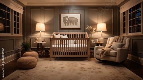 A serene nursery with warm sand wallpaper and deep mahogany crib