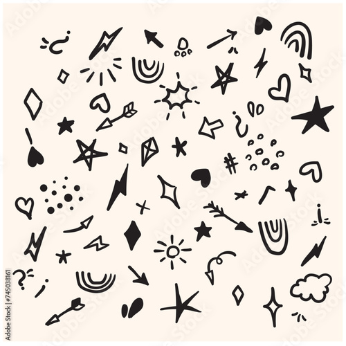 Vector seamless pattern with different stars, sparkles, arrows, hearts, diamonds, signs and symbols with Illustration style doodle and line art