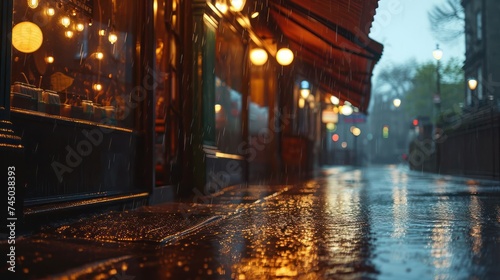 minimalist rain sky setting, highlighted by the subtle and gentle glow of storefront lights, creating a serene and enchanting urban atmosphere © Tina