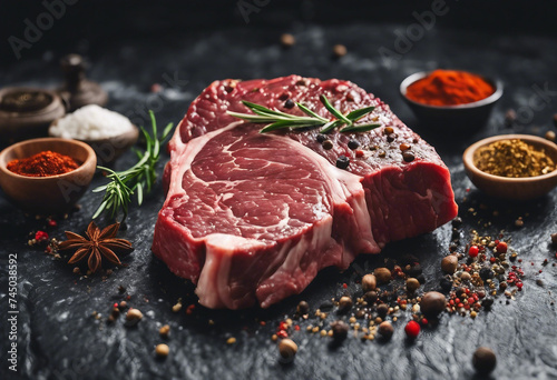 Fresh raw marbled beef rib eye steak and spices on black stone background copy space