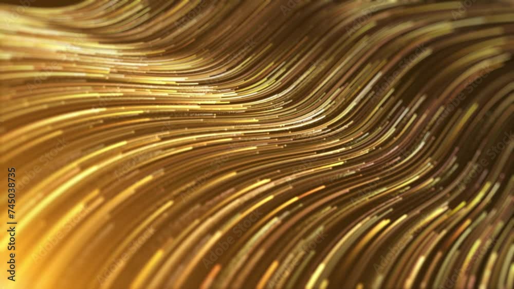 Luxury golden particle light flow, gold particle stripes. Golden stream with striped, flowing neon curve lines background.