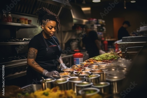 An African woman in apron working in catering establishment looks sadly at a mountain of dirty pots