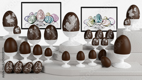 Illustrazione 3D. Pasqua. Uova di cioccolato decorate. Tradizione dolce in occasione di festa Pasqua.. photo