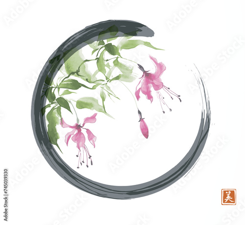 Minimalist painting of pink fuchsia flowers in black enso zen circle. Traditional oriental ink painting sumi-e, u-sin, go-hua. Hieroglyph - beauty © elinacious