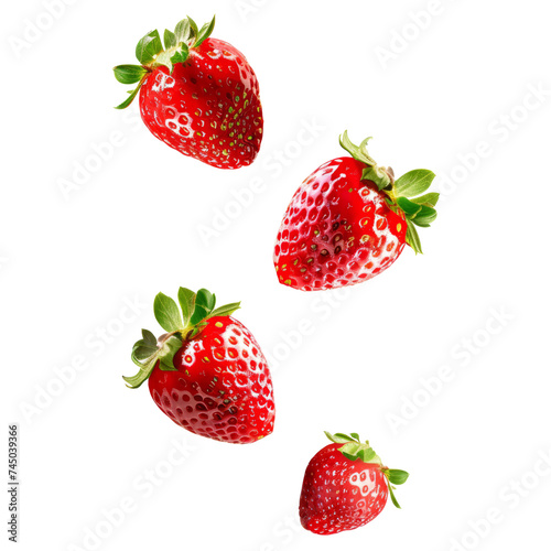 A group of fresh and juicy strawberries with green stems, falling or flying in the air, isolated on a plain white background.