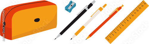 pencil case with pens, ruler, sharpener in flat style, on a white background vector