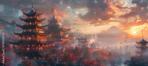 Chinese architecture banner background for design © MaiHuong Studio
