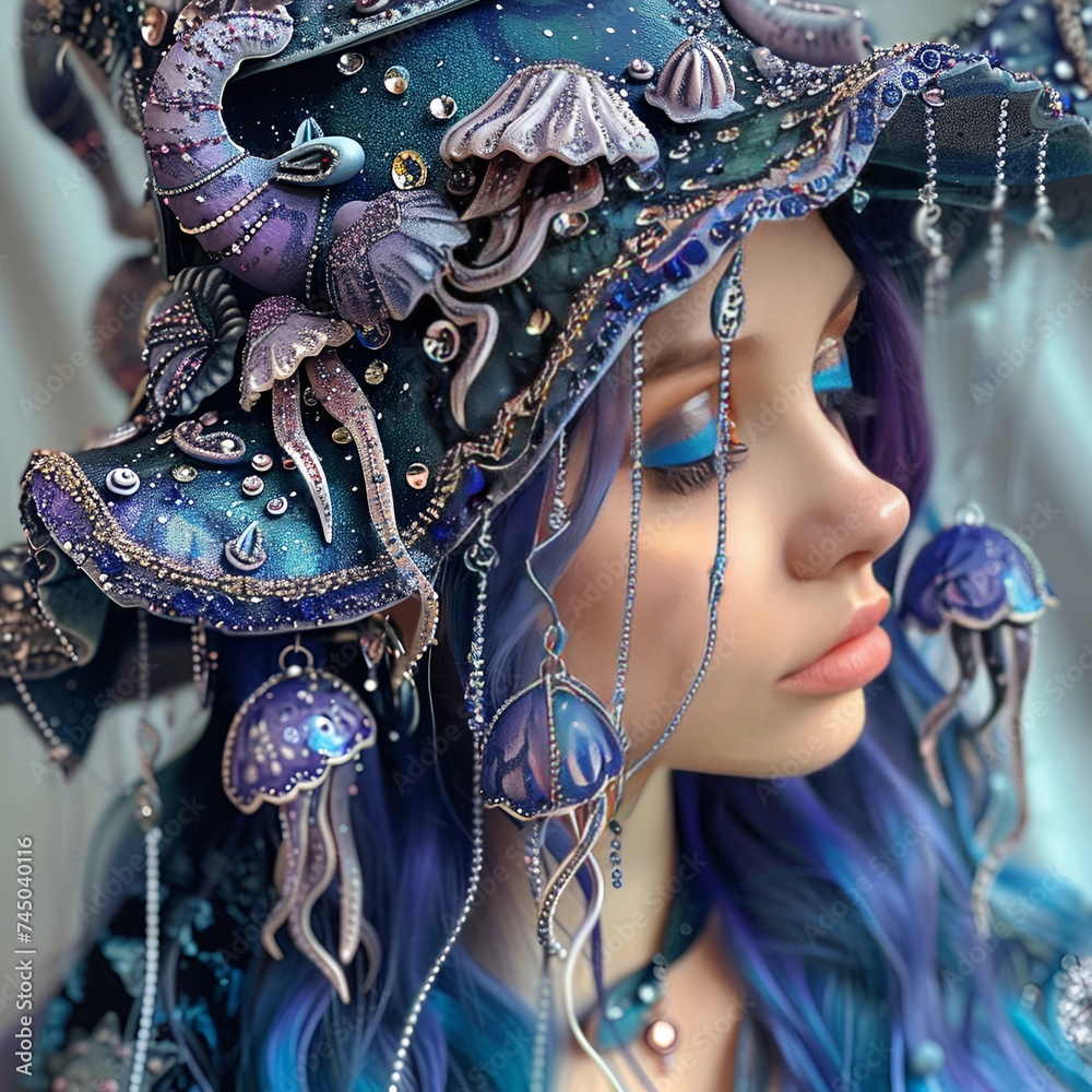 A witch decorates her auricle with cut jellyfish motifs, a magical underwater theme, enchanting and mysterious 