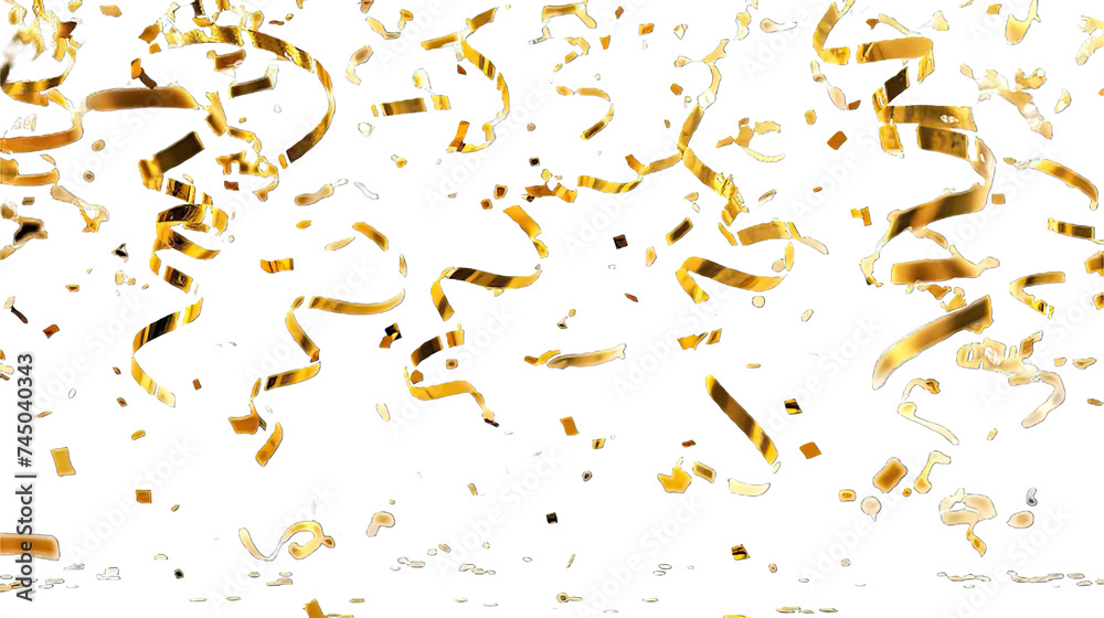 Collection of PNG. Falling gold confetti and streamers isolated on a transparent background.