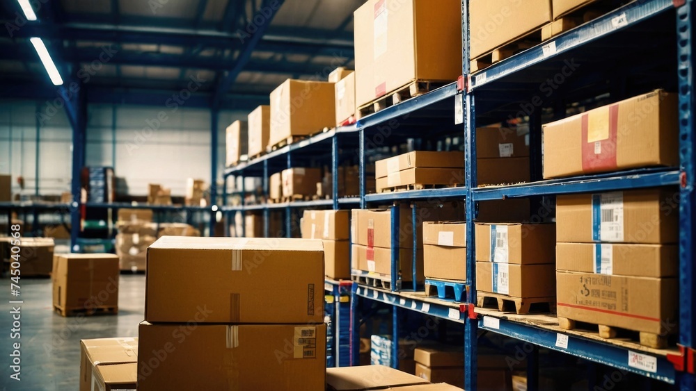 Cardboard boxes and Parcels on the Shelf at the Warehouse Cardboard boxes and Parcels on the Shelf at the Warehouse