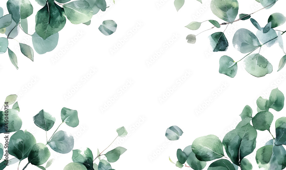 A beautiful watercolor border frame with green eucalyptus leaves and ...