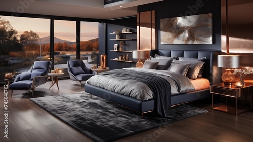 A sophisticated bedroom with elegant navy blue bedding and rose gold accents © Aeman
