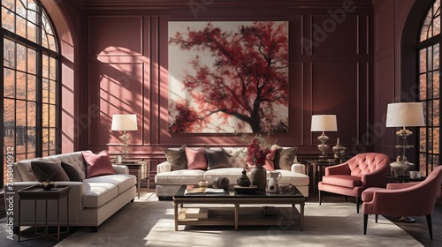 A sophisticated living room with pale blush walls and dark maroon accent furniture © Aeman