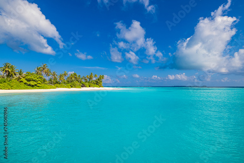 Beautiful, relaxing outdoor landscape of tropical island beach. Palm trees over blue azure ocean lagoon. Exotic traveling destination, summer vacation, beach seaside. Colorful nature sea sand sky view