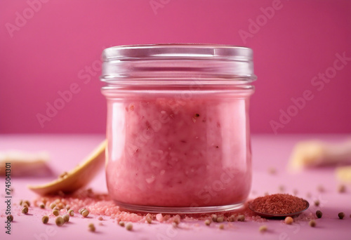 Ghee butter in a glass jar pink salt and spices on pink background