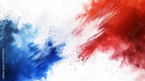 Vibrant French tricolor powder burst on a white background, representing the country's culture and sports. photo