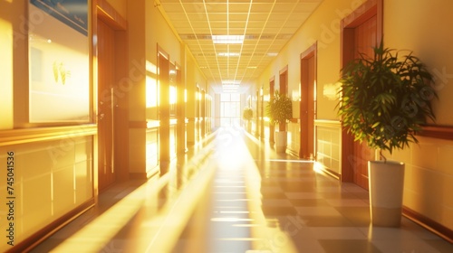 Hospital corridor depicted in realistic 3D render illustration  showcasing interior design and architecture.