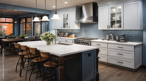A stylish kitchen with warm white cabinets and twilight blue countertops