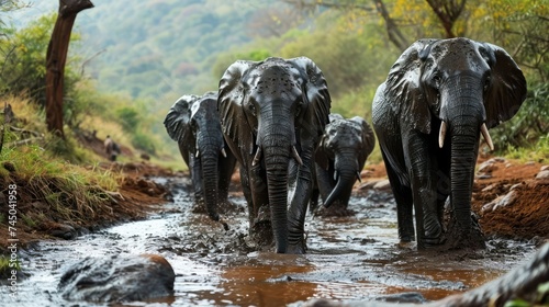 playful scene of elephants joyfully wallowing in a mud pool, capturing the essence of their natural behavior and camaraderie