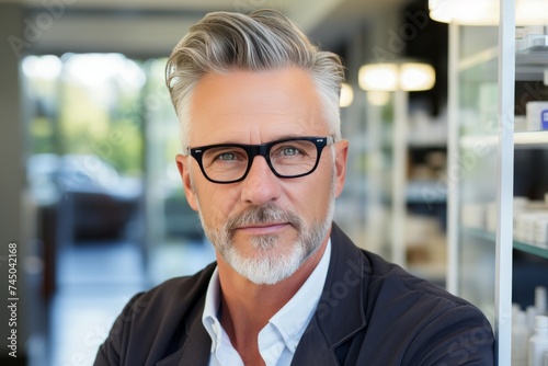 Courageous gray-haired pharmacist with glasses in modern pharmacy with large selection of medicines