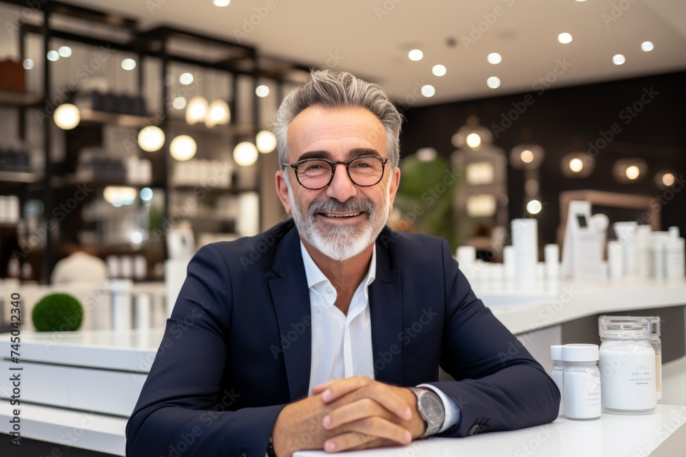 Fototapeta premium Cheerful senior gray-haired representative of pharmaceutical company wearing glasses at exhibition