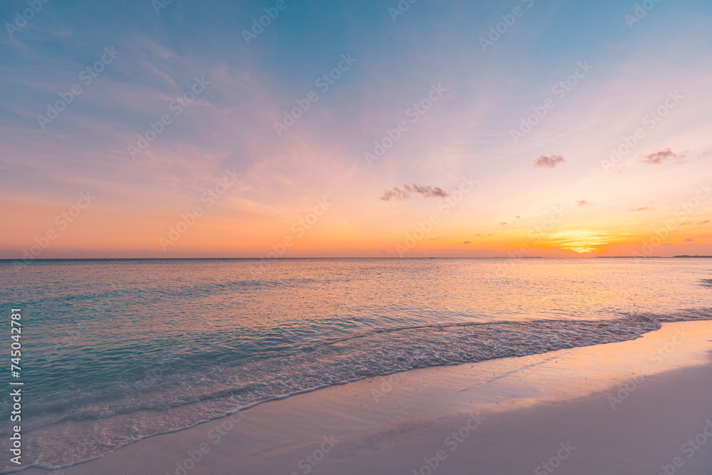 Fototapeta premium Summer nature sea sand sky, sunrise colors clouds, horizon, tranquil background banner. Inspirational nature landscape, beautiful colors, wonderful scenery tropical beach. Beach sunset vacation coast