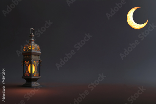 fête musulmane, islamique, Ramadan, Carême, motifs mauresques et arabes, lanterne et croissant de lune sur fond foncé comme la nuit avec espace négatif pour texte copyspace