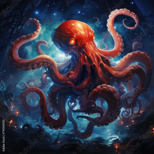 Octopuses masters of edge computing explore nebulae their tentacles intertwining with stars symbolizing a convergence of nature and technology © NEW