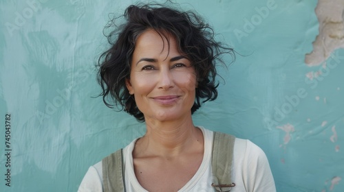 A woman with curly hair smiling wearing a white top with straps against a textured blue wall. photo