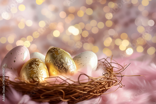 gold decorated white Easter eggs in wicker basket close-up on pink background. Easter card