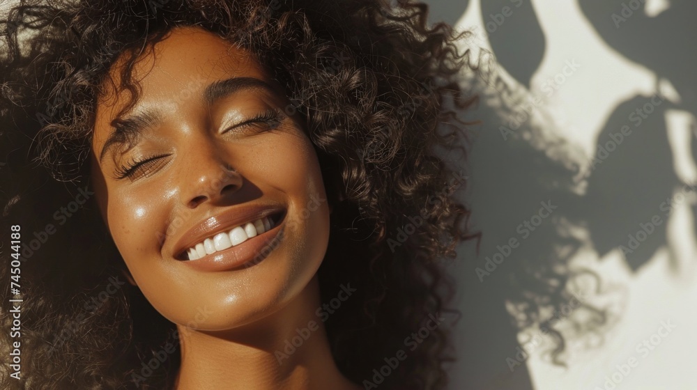 Smiling woman with closed eyes radiant skin and voluminous curly hair basking in sunlight with her shadow cast on a white background. Smiling woman with closed eyes radiant skin and voluminous curly hair basking in sunlight with her shadow cast on a white background.