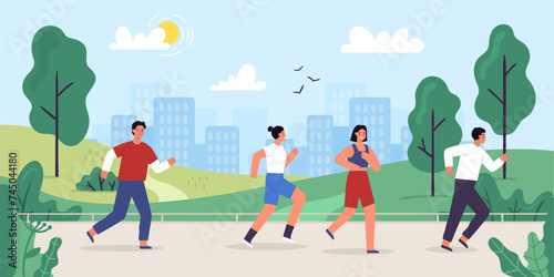 Cartoon people running race in park, summer outdoor activity concept
