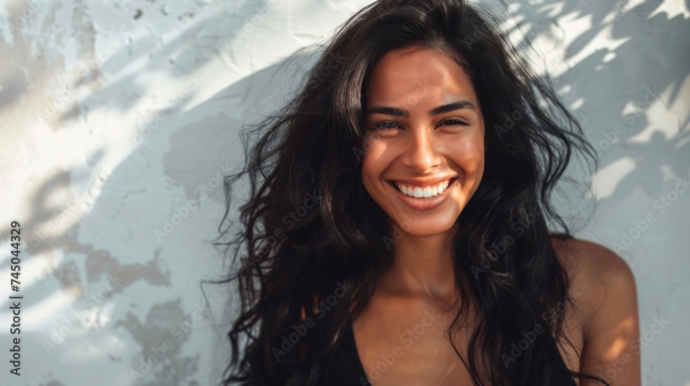 © Z A C - Smiling woman with long dark hair radiant skin and a warm inviting expression standing in soft natural light with a backdrop of a textured wall and dappled shadows.
