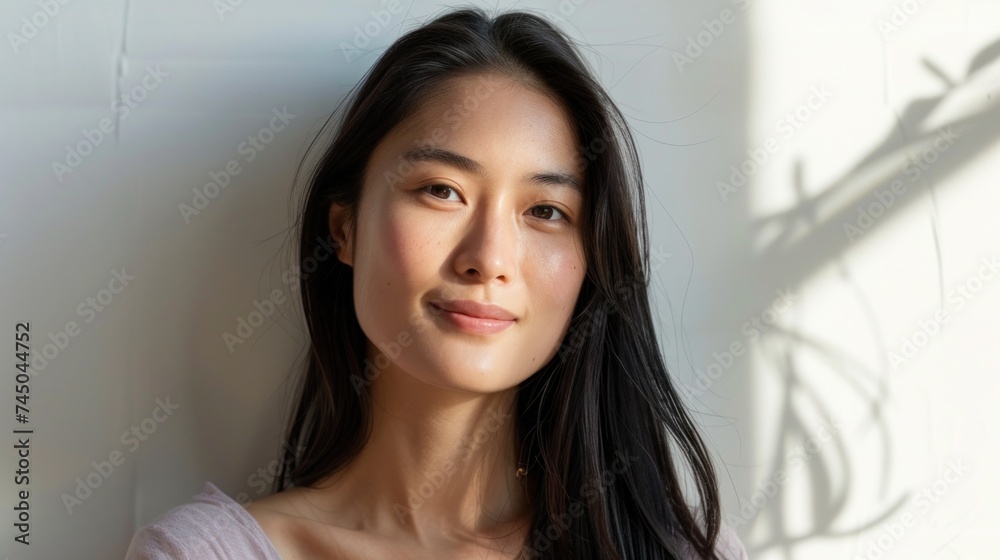 A young woman with long dark hair smiling gently with soft light casting shadows on her face and the white wall behind her. A young woman with long dark hair smiling gently with soft light casting shadows on her face and the white wall behind her.