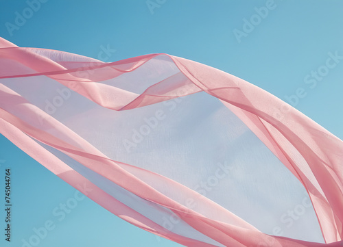 Flying pink transparent fabric wave on blue background and illuminated by sunlight, generative ai