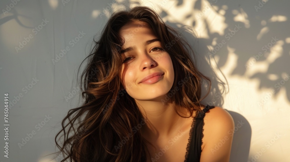 A young woman with long wavy brown hair smiling gently with soft sunlight casting a dappled shadow on her face and shoulders. A young woman with long wavy brown hair smiling gently with soft sunlight casting a dappled shadow on her face and shoulders.
