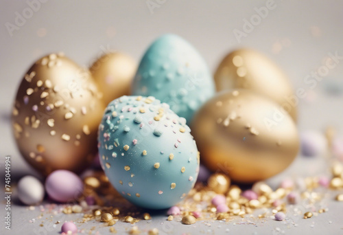 Happy easter greeting card Golden eggs border and pastel sugar sprinkles Monochrome retro tinted
