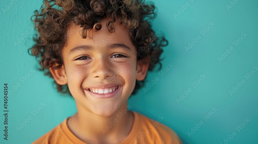 A joyful young boy with curly hair smiling brightly against a teal background. A joyful young boy with curly hair smiling brightly against a teal background.