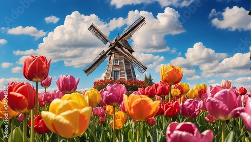 photo of the windmill in the middle of a beautiful tulip garden made by AI generative
