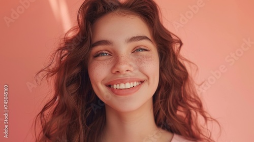 A young woman with rosy cheeks freckles and a radiant smile set against a soft pink background.
