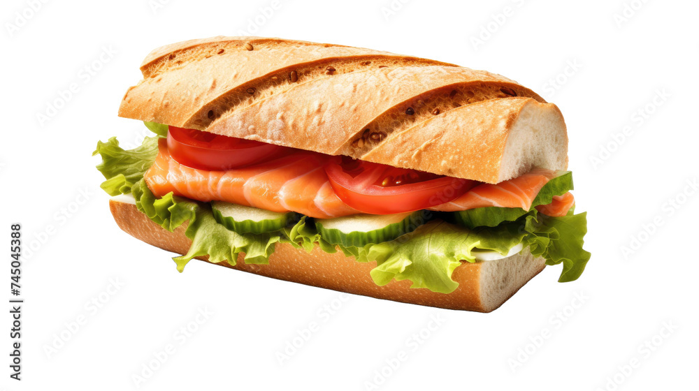 Salmon fillet sandwich isolated on transparent a white background Salmon fillet sandwich isolated on transparent a white background