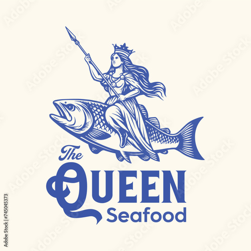 Fresh seafood restaurant premium logo with salmon and the queen illustration