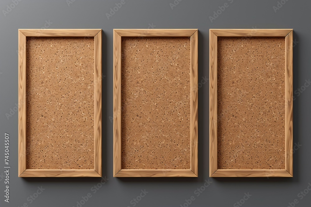 Fototapeta premium Realistic 3D cork board with wooden frame, isolated and empty, featuring a brown texture for use in school or office settings.