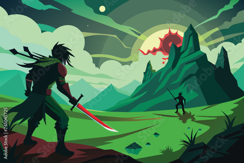 A anime scene of a man slashing a sword on a green hill - silhouette of a person in the mountains, vector © MRSNURGAHAN