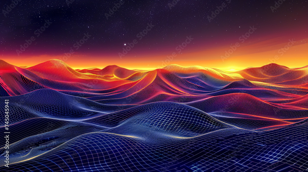The image presents a digital landscape featuring undulating waves of ...