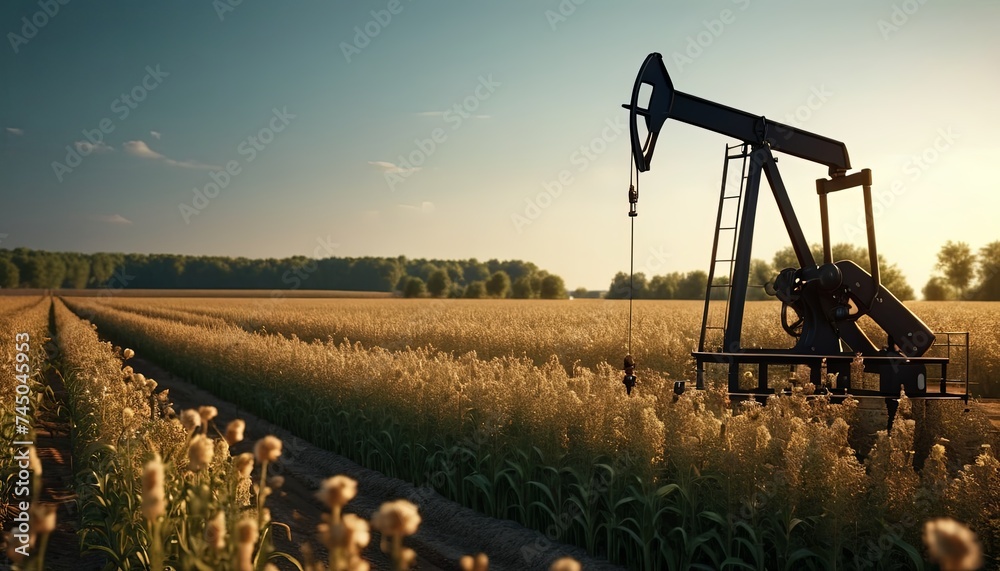 Oil rig operates efficiently in spring field with flowers on sunset ...