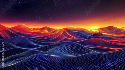 
The image presents a digital landscape featuring undulating waves of wireframe hills against a sunset with a starry sky, conveying a blend of nature and technology.Background concept.AI generated.