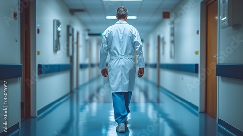 A man physician strolling through the hallway of a medical facility. photo