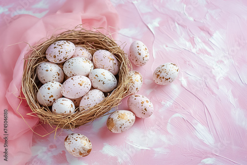 gold decorated white Easter eggs in wicker basket close-up on pink background. Easter card