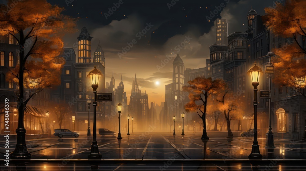 rain sky backdrop with ample copy space, illuminated by the warm and golden tones of city street lamps, creating a serene and enchanting atmosphere - obrazy, fototapety, plakaty 